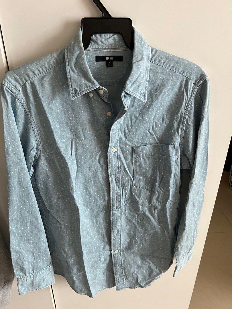 Uniqlo Long Sleeve Shirt (light denim polka dots), Women's Fashion