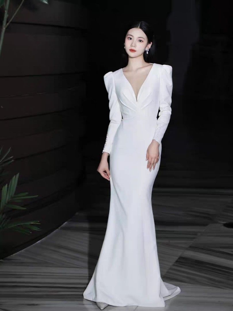 White Dress ladies evening long sleeve long dress evening dress