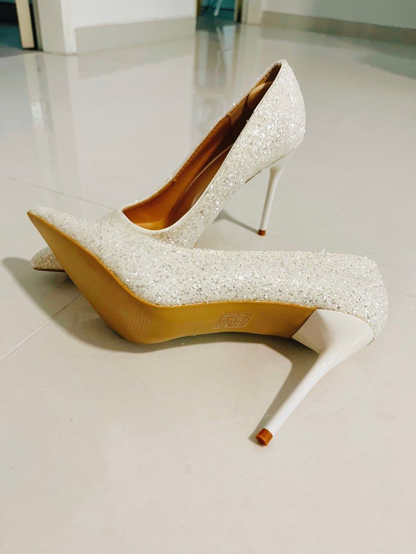 Women White Glitter Heels CN40