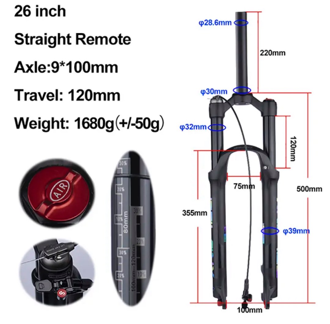 *Air Fork Full Black Bolany 26 Inch 120mm Travel 32mm Straight Tube Air