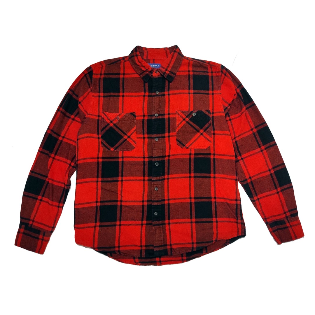 Arizona Jeans Co Orange Black Plaid Double Pockets Flannel Shirt