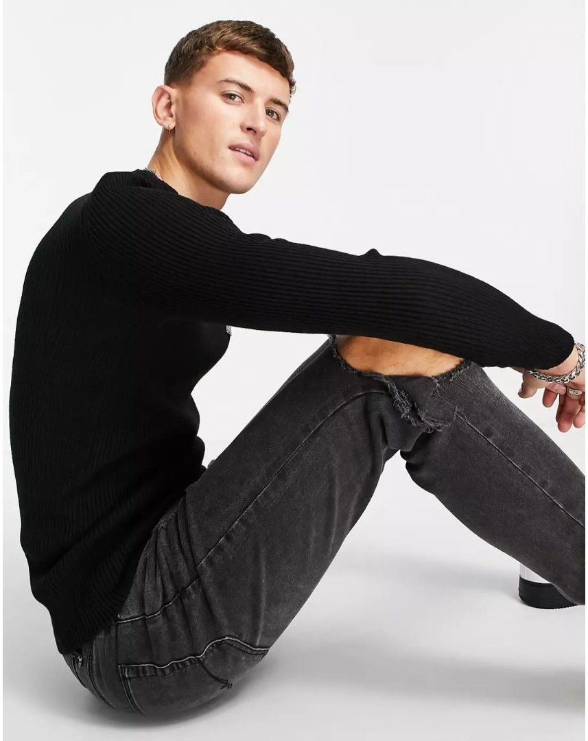 ASOS DESIGN Muscle Fit Ribbed Jumper In Black Men s Fashion Tops Sets Tshirts Polo Shirts on Carousell