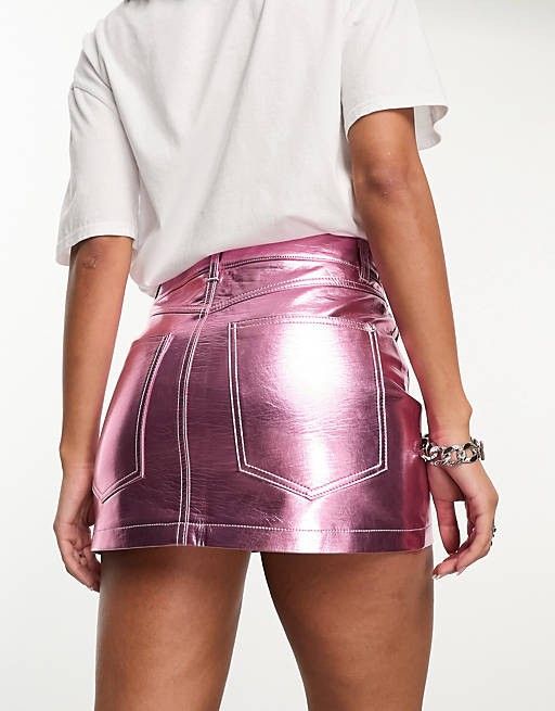 Bershka Pink Metallic Leather Skirt Women s Fashion Bottoms