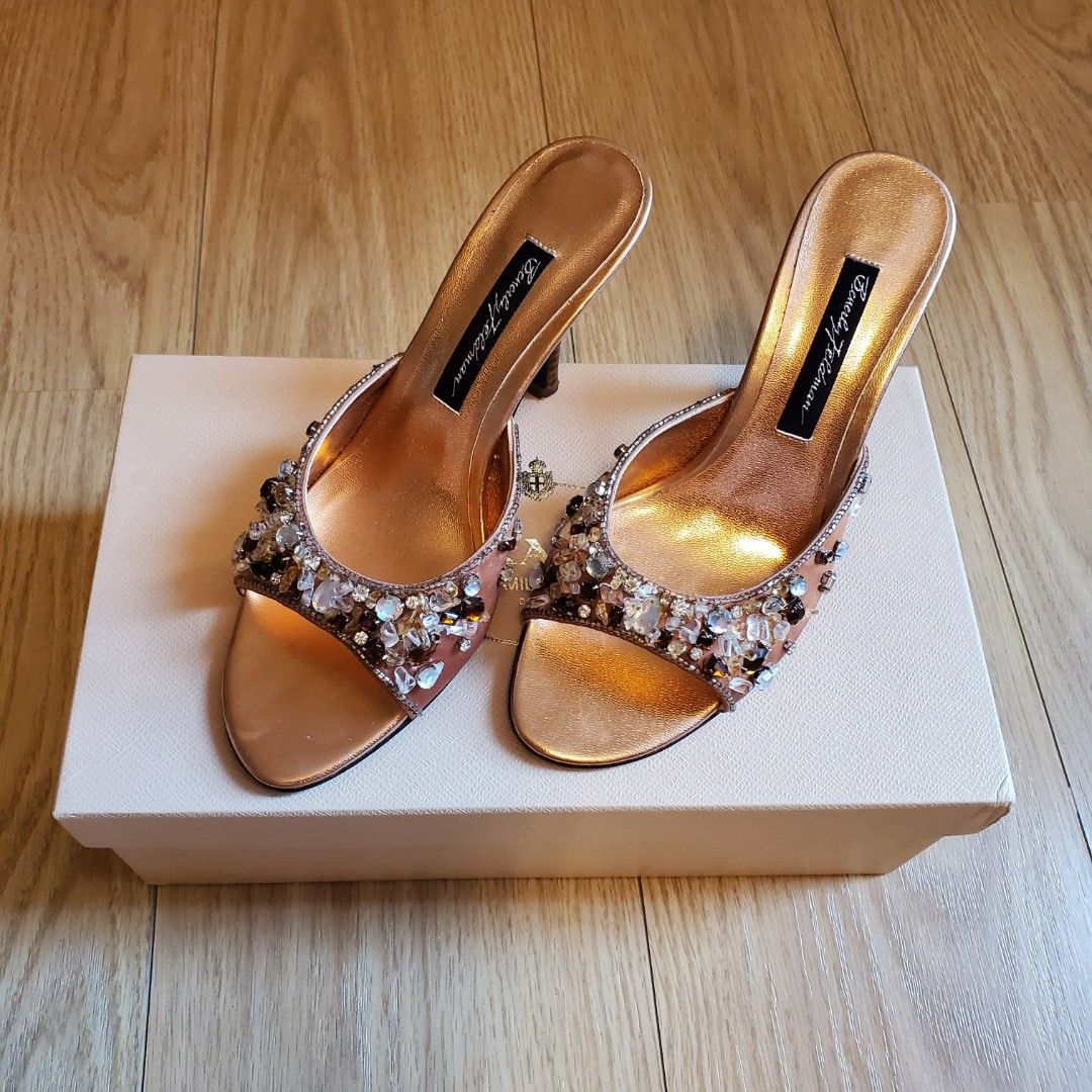 Sandales Beverly Feldman Or Cuir Avec Cristaux - Taille 9, Neuves Avec Emballage
