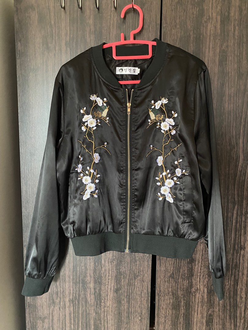 Floral embroidery top bomber jacket