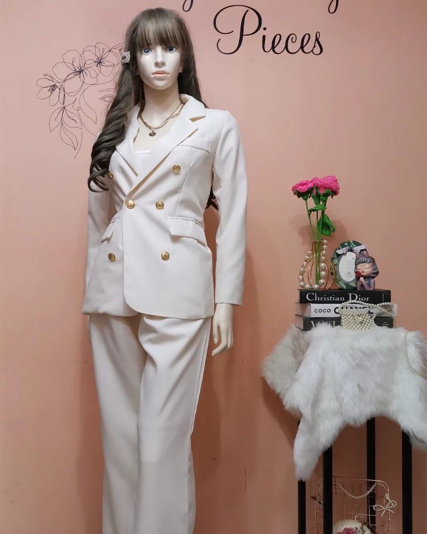 Bnew White Coat/Blazer and Pants Coordinates (Category: Sets or Coordinates) located in Tarlac. Submitted by prettydaintypieces01 (Listing ID 1272200289, Image 2). Description: 🐝High Quality and Comfy fabric 🦩Xs up to M, garterize pants, with double lining 🍂Seller's Favorite 🍀Direct PM for exact measurements. 🍁Happy Shopping pretties! ☘️Thank you ✨.