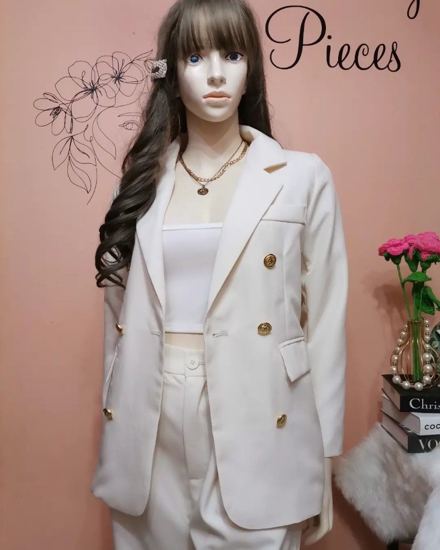Bnew White Coat/Blazer and Pants Coordinates (Category: Sets or Coordinates) located in Tarlac. Submitted by prettydaintypieces01 (Listing ID 1272200289, Image 3). Description: 🐝High Quality and Comfy fabric 🦩Xs up to M, garterize pants, with double lining 🍂Seller's Favorite 🍀Direct PM for exact measurements. 🍁Happy Shopping pretties! ☘️Thank you ✨.