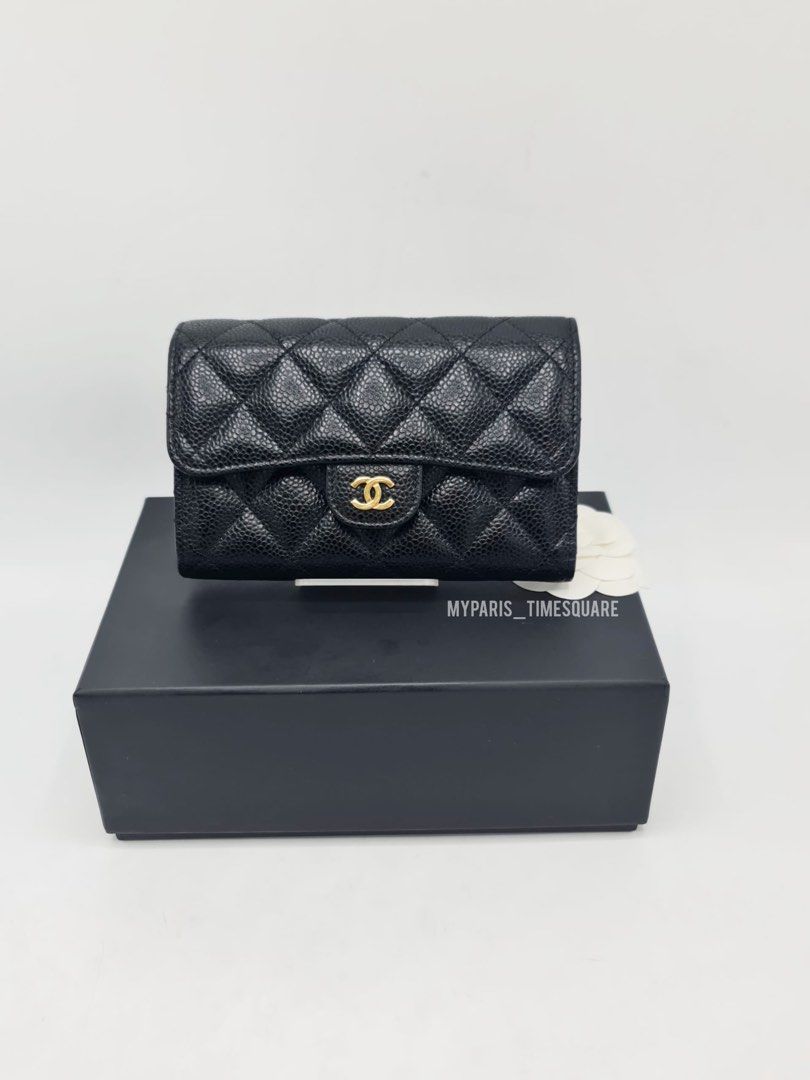 C hanel Black Caviar Quilted Trifold Classic Flap Wallet Luxury