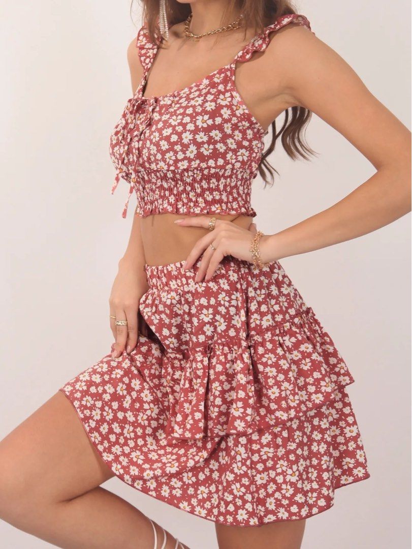 Casual Floral Print Shirred Crop Tank Top Ruffle Layered Skirt