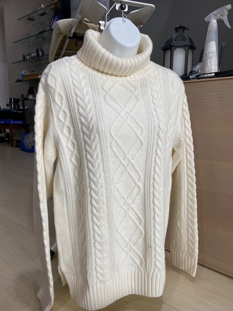 Cream cable knit sweater turtleneck off white knitwear long sleeve