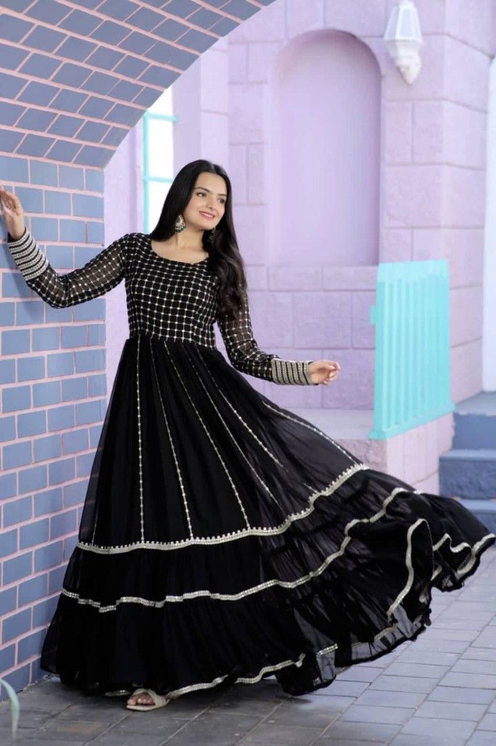 Faux Blooming Georgette Gown With Parallel Line designed Sequence -Multi &  Silver Zari Embroidered Work, Women's Fashion, Dresses & Sets, Dresses on  Carousell