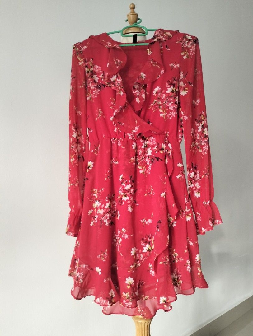 H M Red Floral chiffon dress
