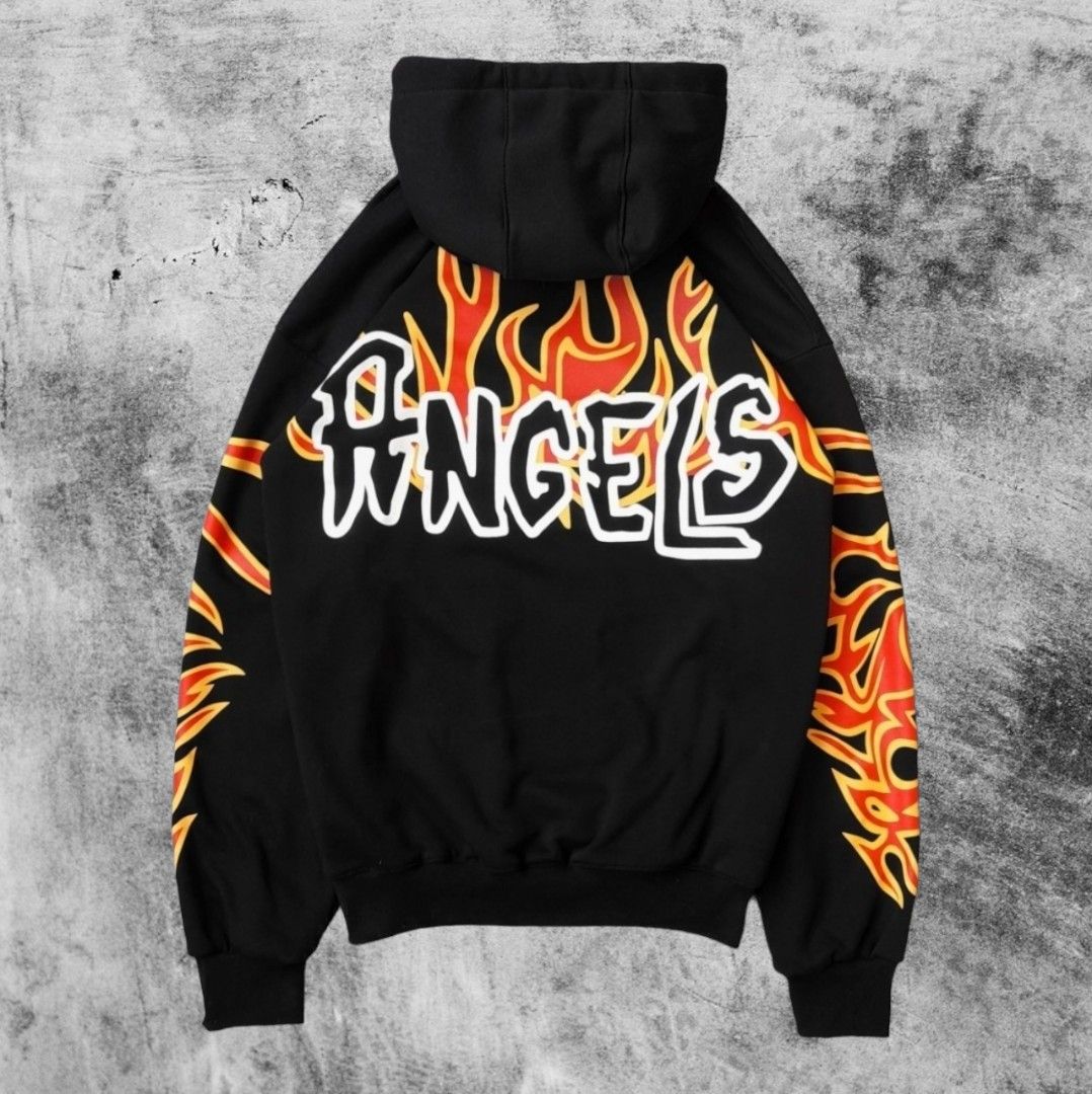 Hoodie Palm Angels Graffiti Flames Hitam, Fesyen Pria, Pakaian 