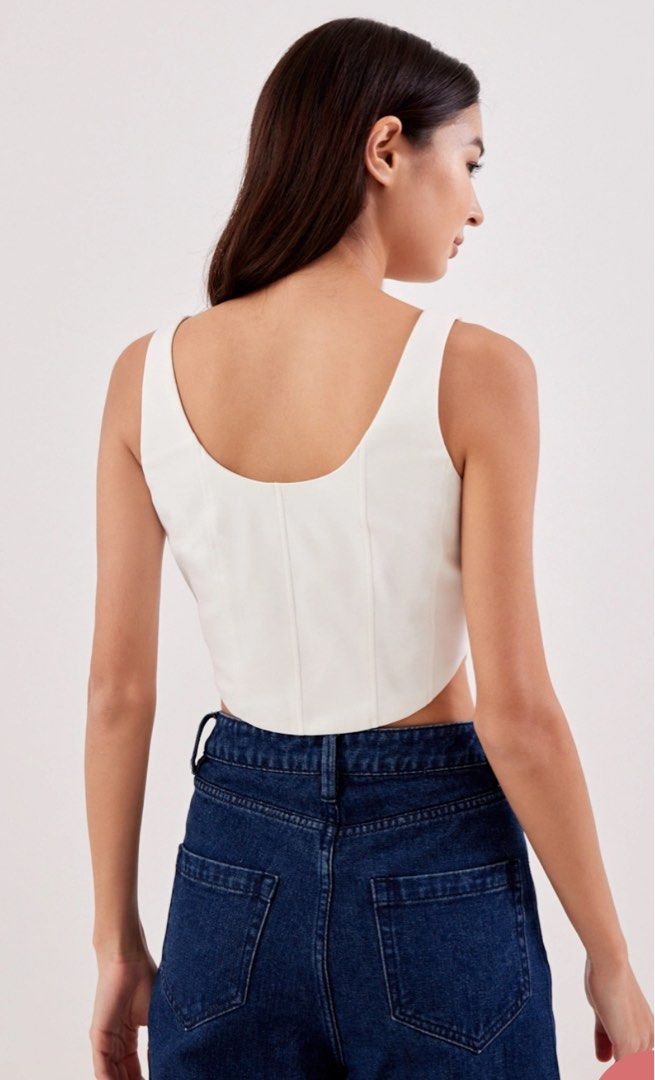 Zia Scoop Neck Lace Up Back Crop Top in White