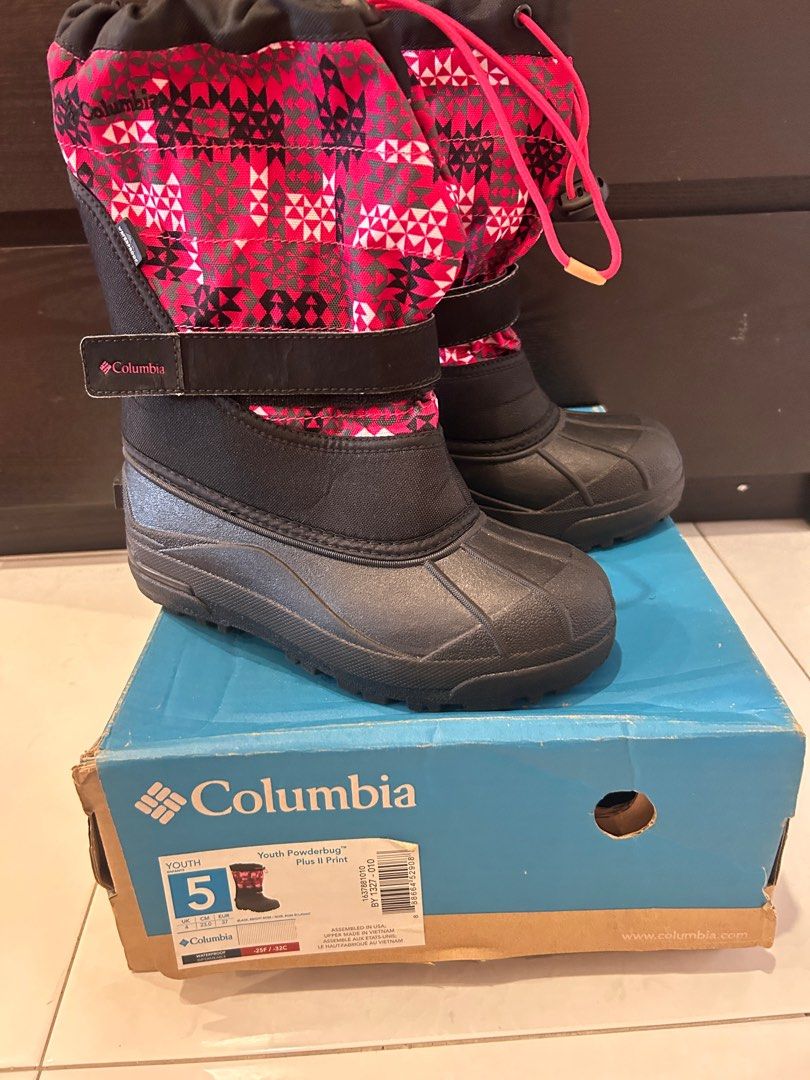 Like new Columbia pink girl powderbug plus II PRINT UK4 23cm eur37 youth waterproof snow Winter Boots Women s Fashion Footwear Boots on Carousell