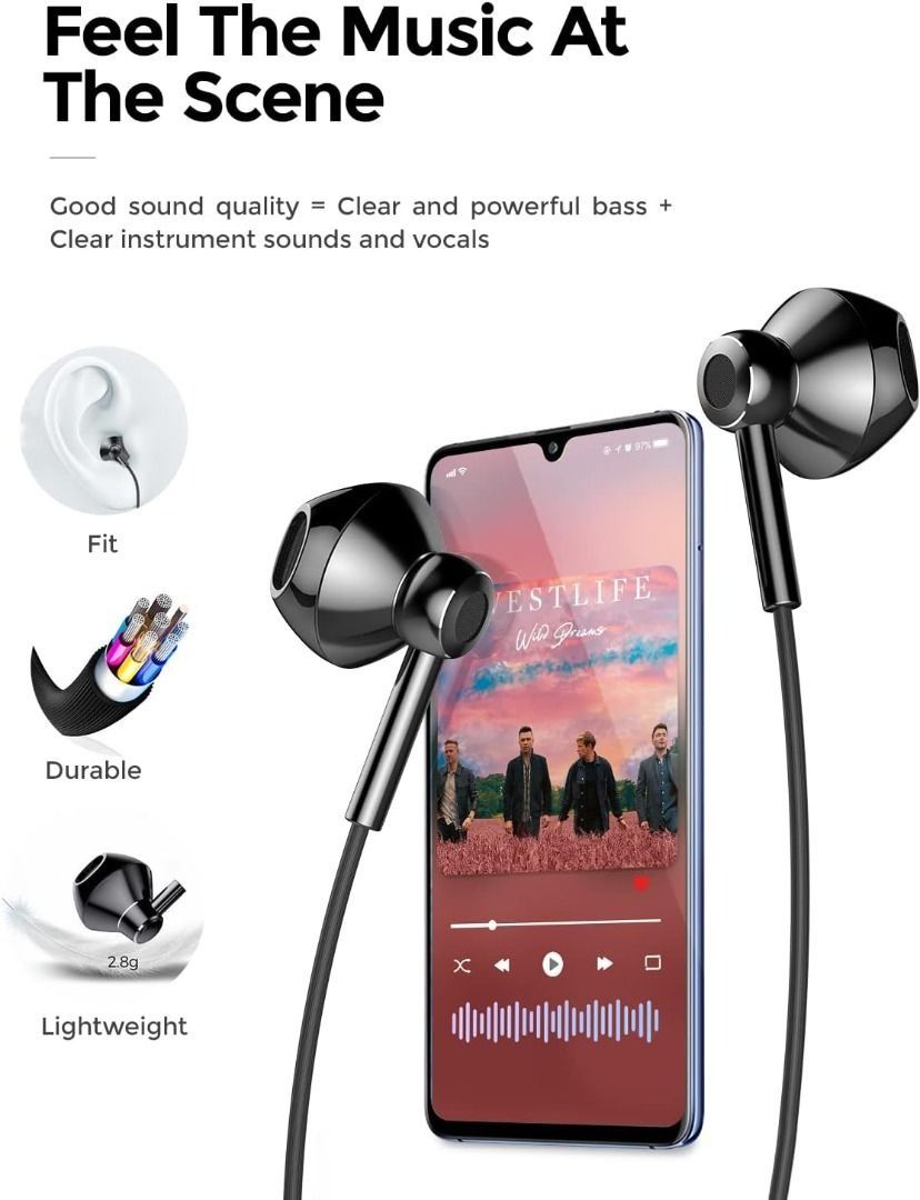 Linklike Wired Earbuds with Microphone Extra Bass Earbuds in Ear