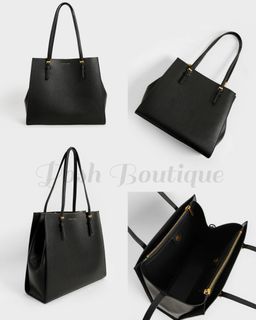MPO Charles & Keith  Sansa Tote Bag, Black - Faux Leather with Gold Hardware - Multiple Compartment - Perfect for School, Office, and OTG Bag