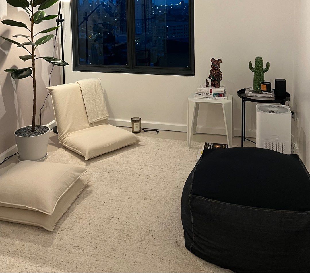 MUJI Legless Chair + MUJI Bean Bag in Denim, Furniture & Home Living, Furniture, Chairs on Carousell