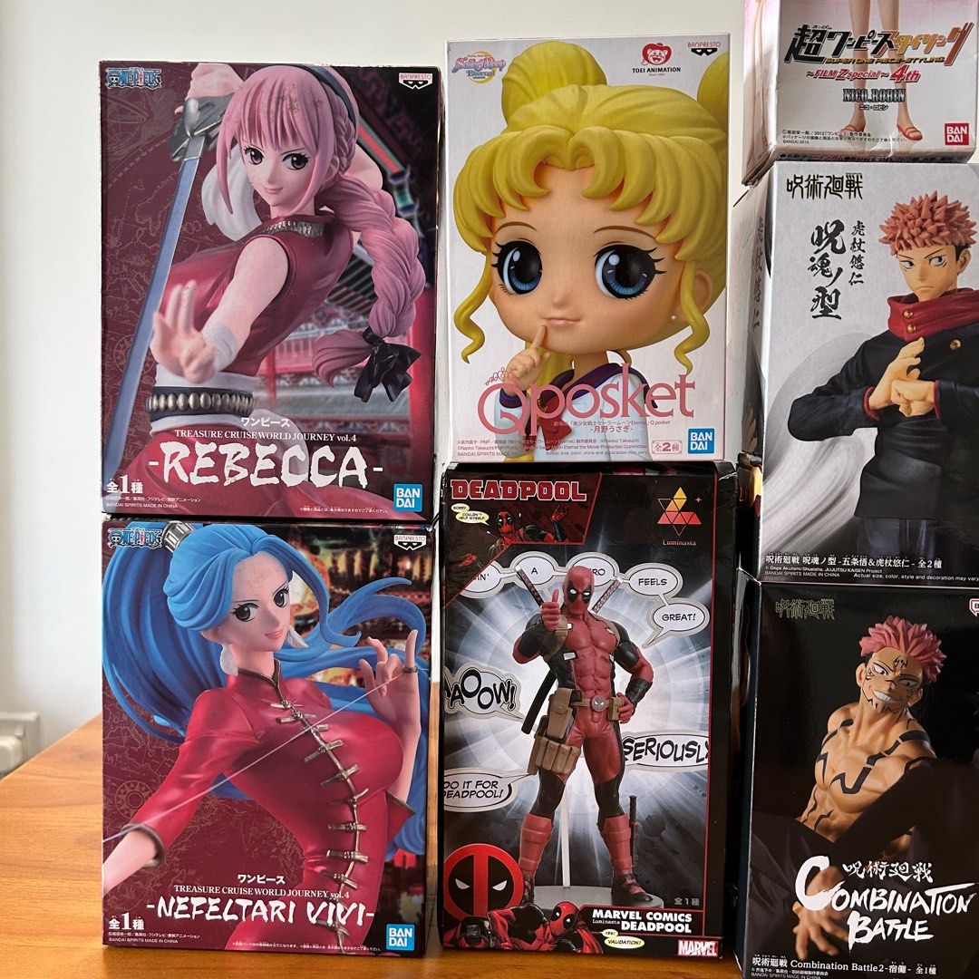 One Piece Jujutsu Kaisen Dragonball Figure Figurines BANDAI NAMCO QPOSKET MARVEL (Rebecca, Vivi, Robin, Sailor Moon, Deadpool, Sukuna, Yuji Itadori, Trunks) (Category: Toy Figures) located in Singapore. Submitted by yourcardcollector (Listing ID 1272097527, Image 3). Description: Note: Box has been opened to check or it has been displayed for a short while. See images for box condition. However, figure is in good condition (no major defects on th