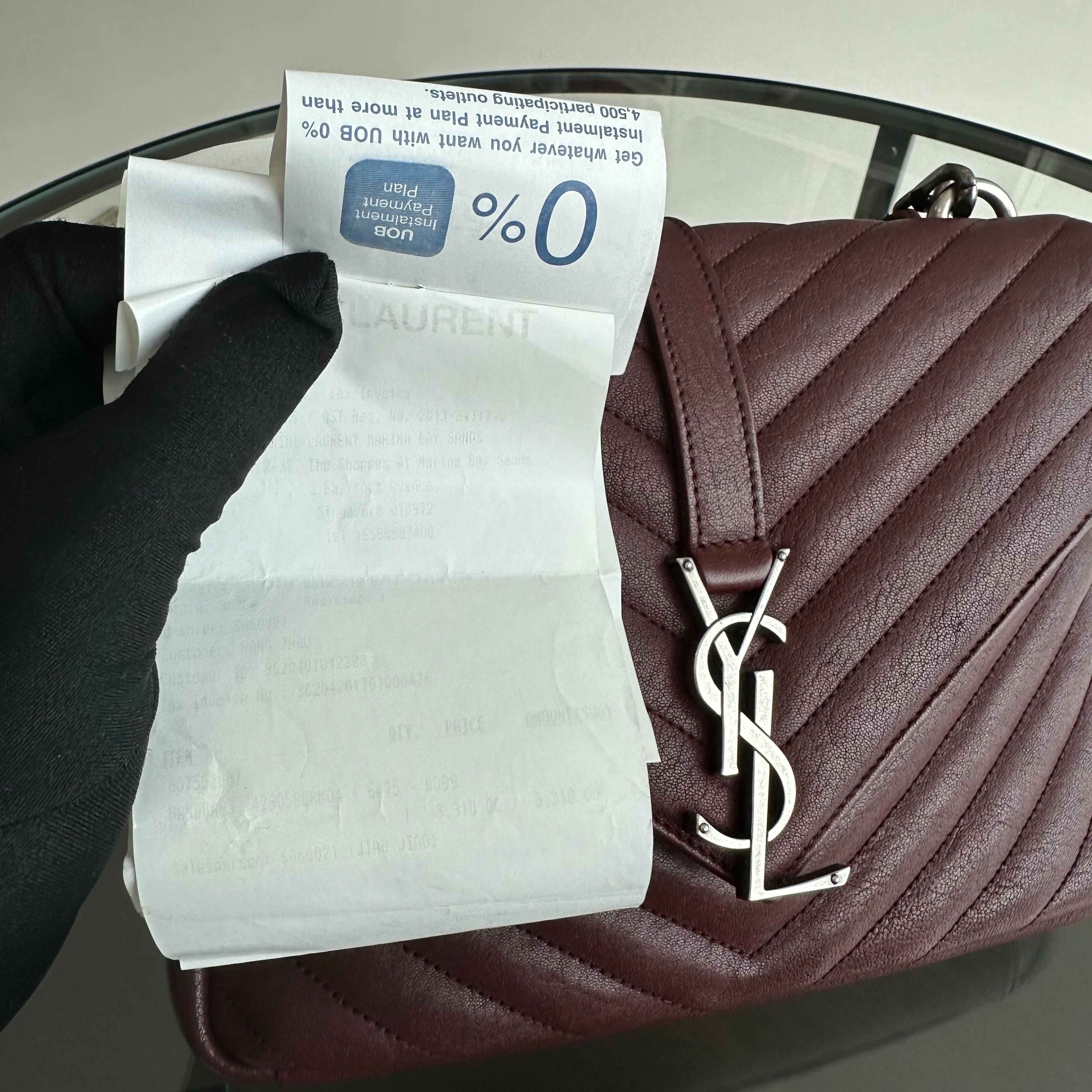Receipt YSL College Medium Chevron Leather Burgundy RSHW