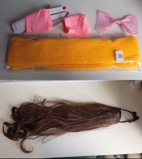 SET 80's Outfit 48cm Pony Tail Wig Drak Brown Wig Pink Bow Hair Clip Retro Gloves Bagets Pink Gloves Yellow (mustard) Leg Warmer Christmas Party 80s Accessories Retro Accessories Payday Sale Sweldo Sale