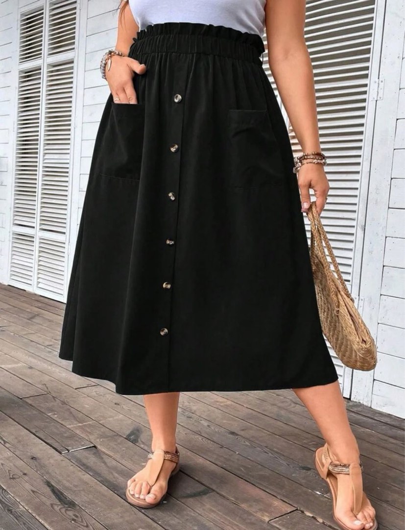 SHEIN VCAY Plus Paperbag Waist Button Front Dual Pocket Skirt