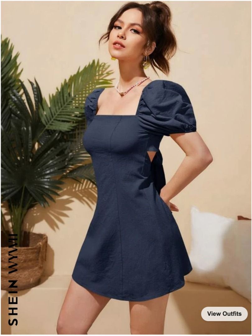 SHEIN WYWH Puff Sleeve Lace Up Backless Dress