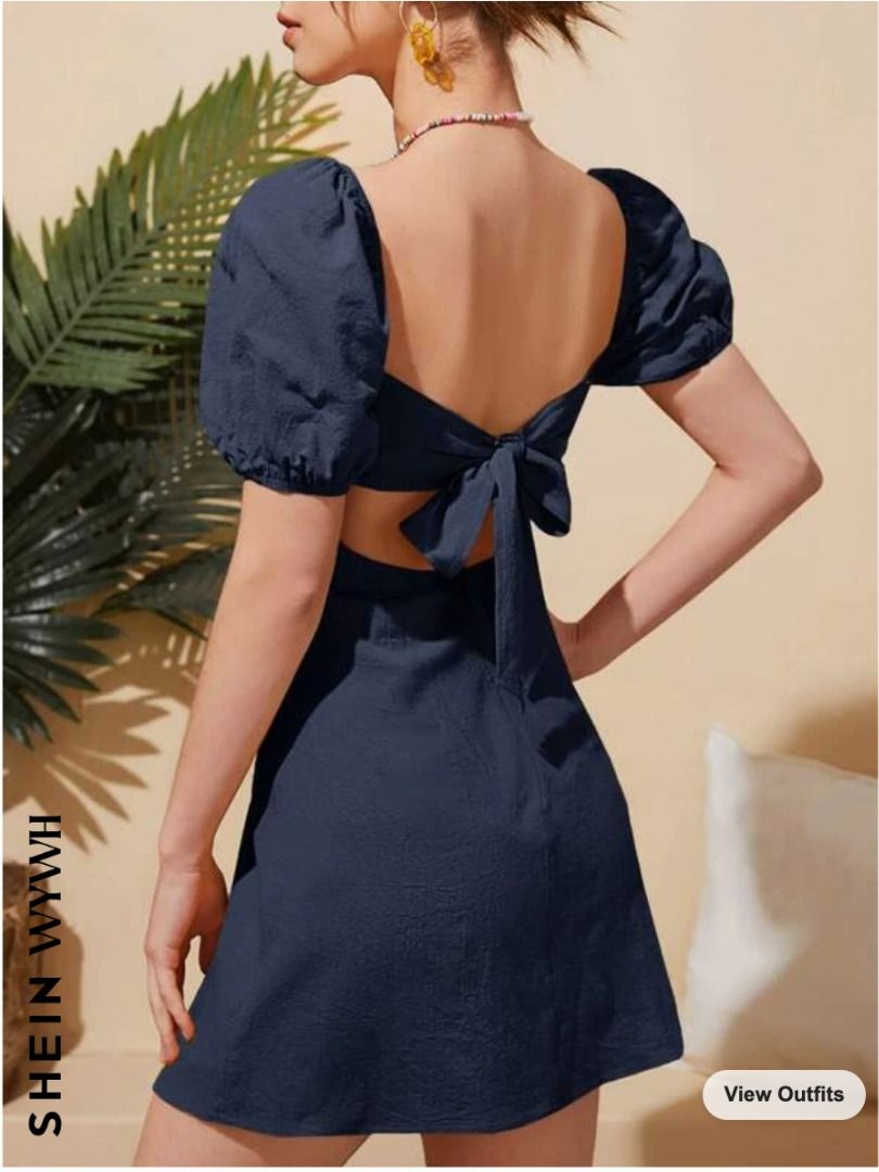Sale] SHEIN WYWH Tie Backless Puff Sleeve Dress (Navy Blue), Women's  Fashion, Dresses & Sets, Dresses on Carousell