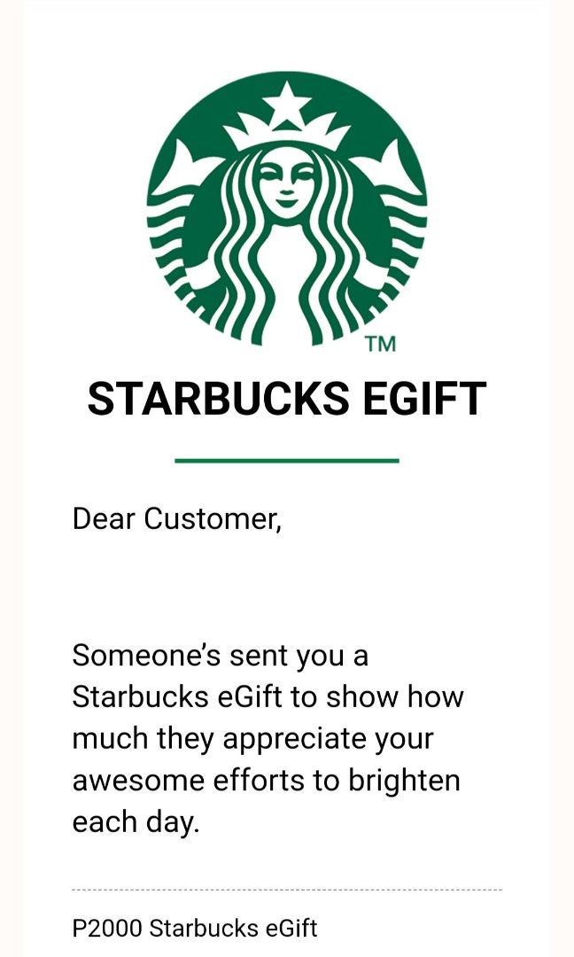 Starbucks E-Gift PHP 2000 (Category: Beverages) located in Valenzuela. Submitted by randomlyn (Listing ID 1272244631, Image 1). Description: will forward the email once payment is received.