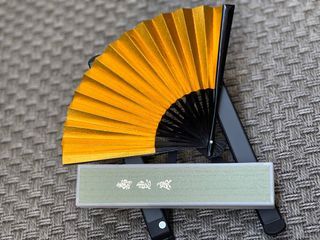 Vintage Kyoto Japanese Gold & Silver Black Lacquered Bamboo Folding Fan