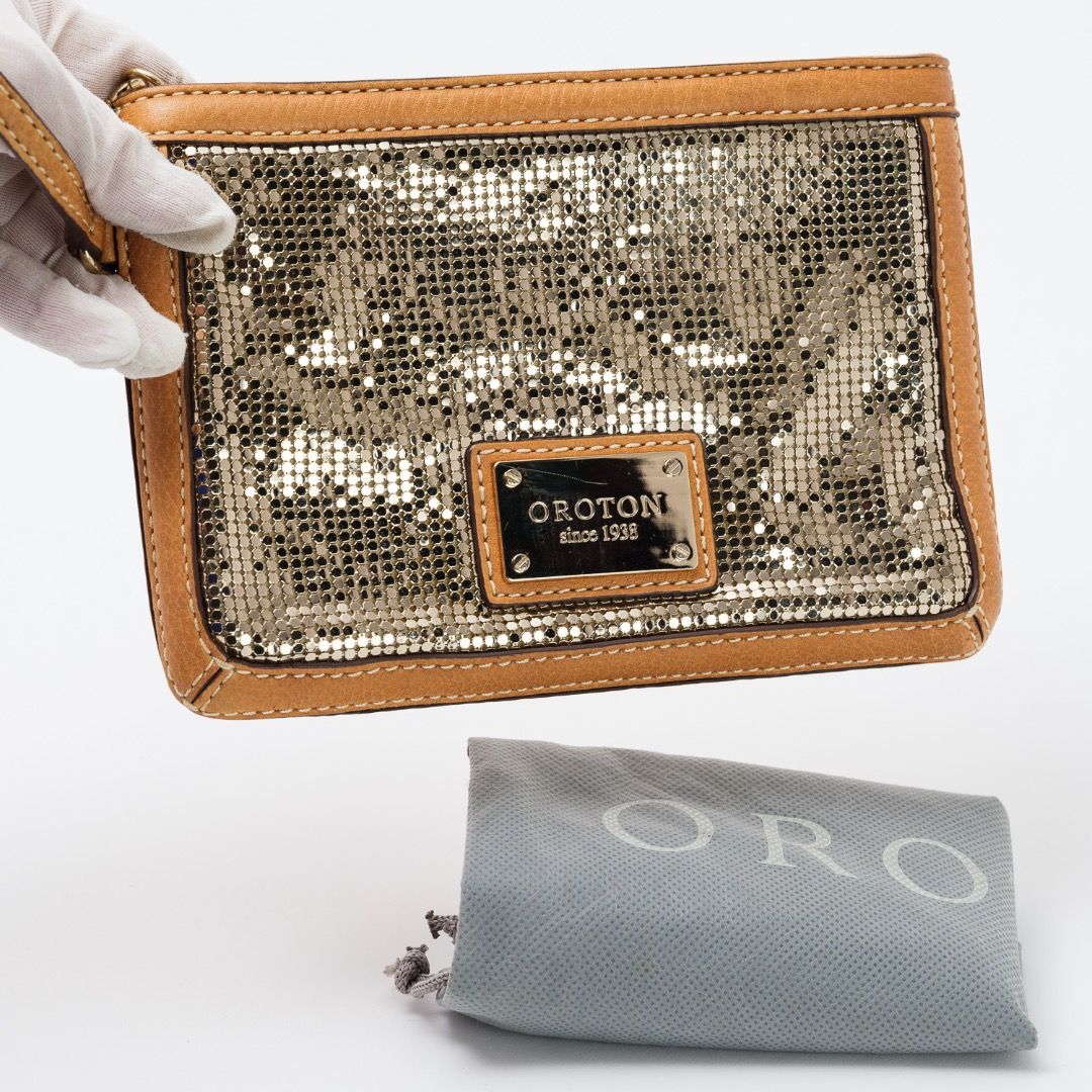 Vintage Oroton leather and metal mesh zippered clutch purse