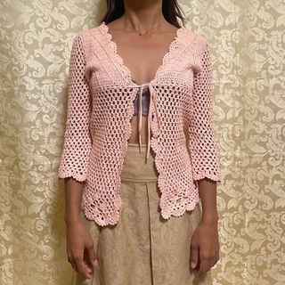 vintage pink knit crochet tie front cardigan top