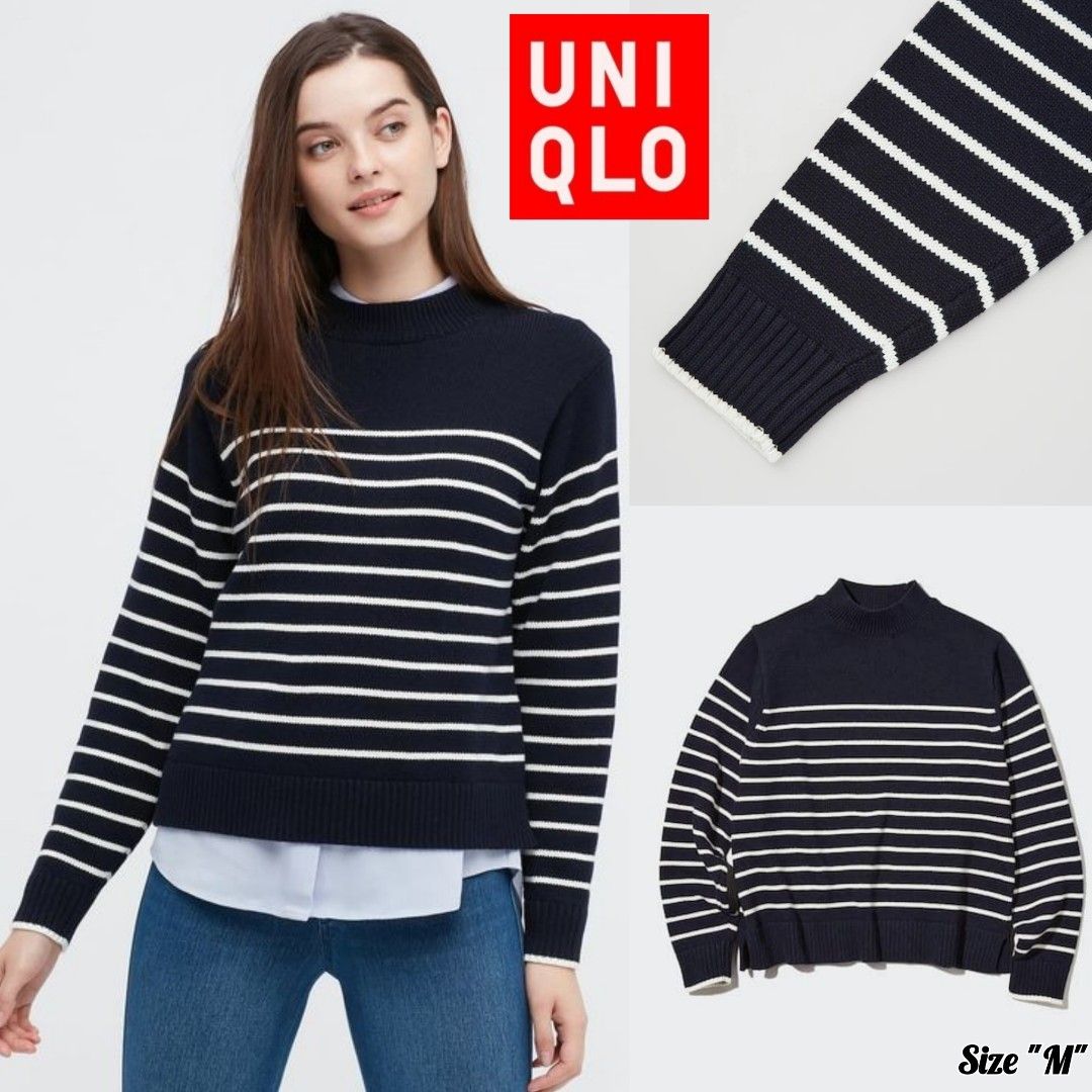 Uniqlo Washable Mock Neck Striped Sweater Product ID: 448033, Fesyen  Wanita, Pakaian Wanita, Atasan di Carousell