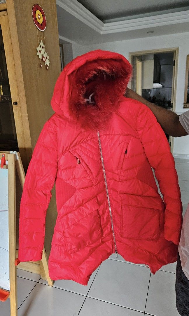 Red winter jacket with fur hood store