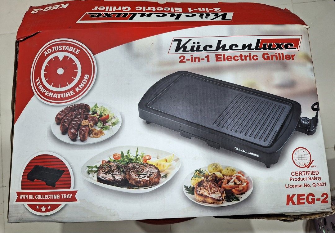 2 in 1 electric grill (Category: Cookware & Accessories) located in Makati City. Submitted by mercadomyleen529 (Listing ID 1272339973, Image 2). Description: Kitchen luxe electric grill used 3x no issue rfs decluttering.