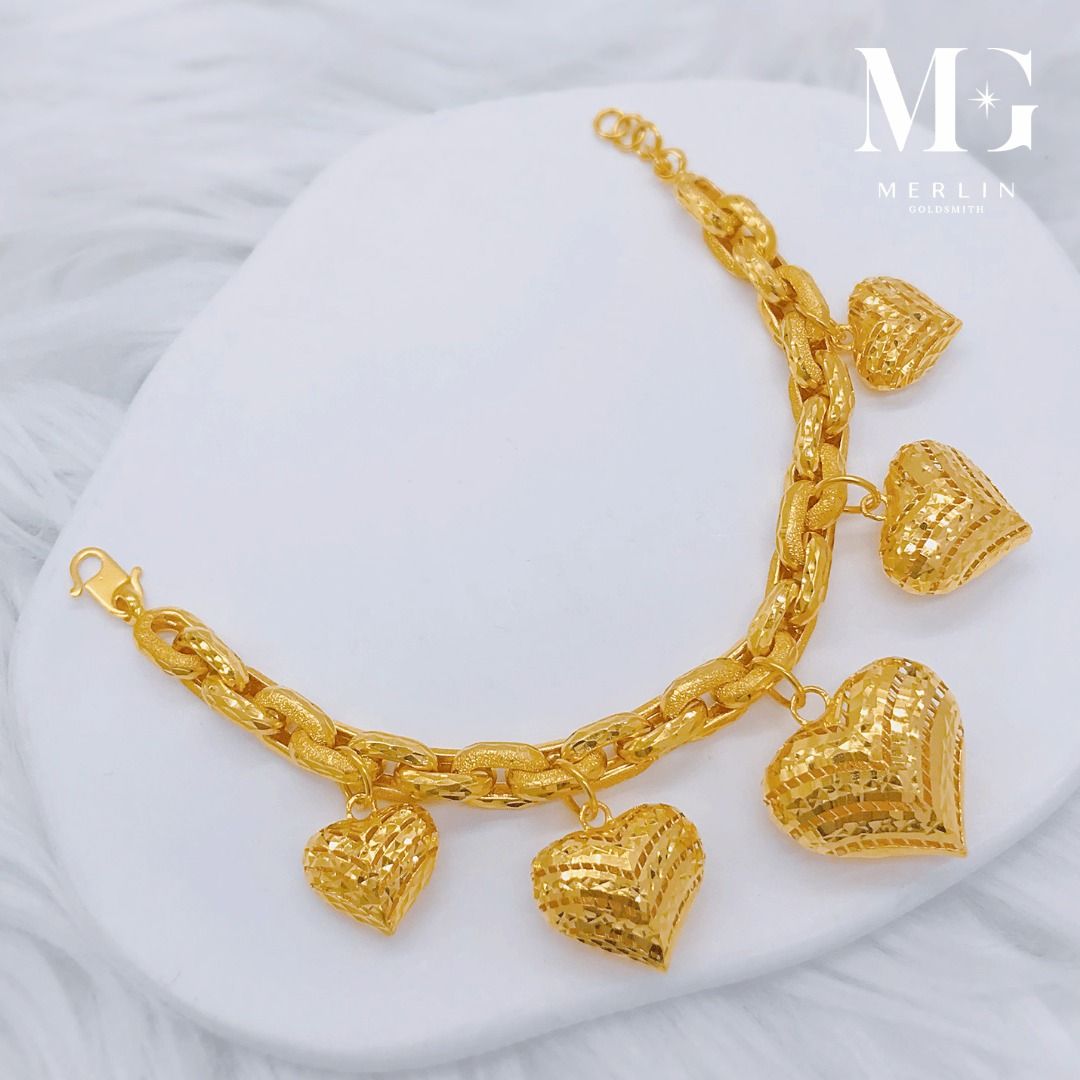 916 Gold Sandy Link Chain With Dangling Five Puffed Heart Bracelet