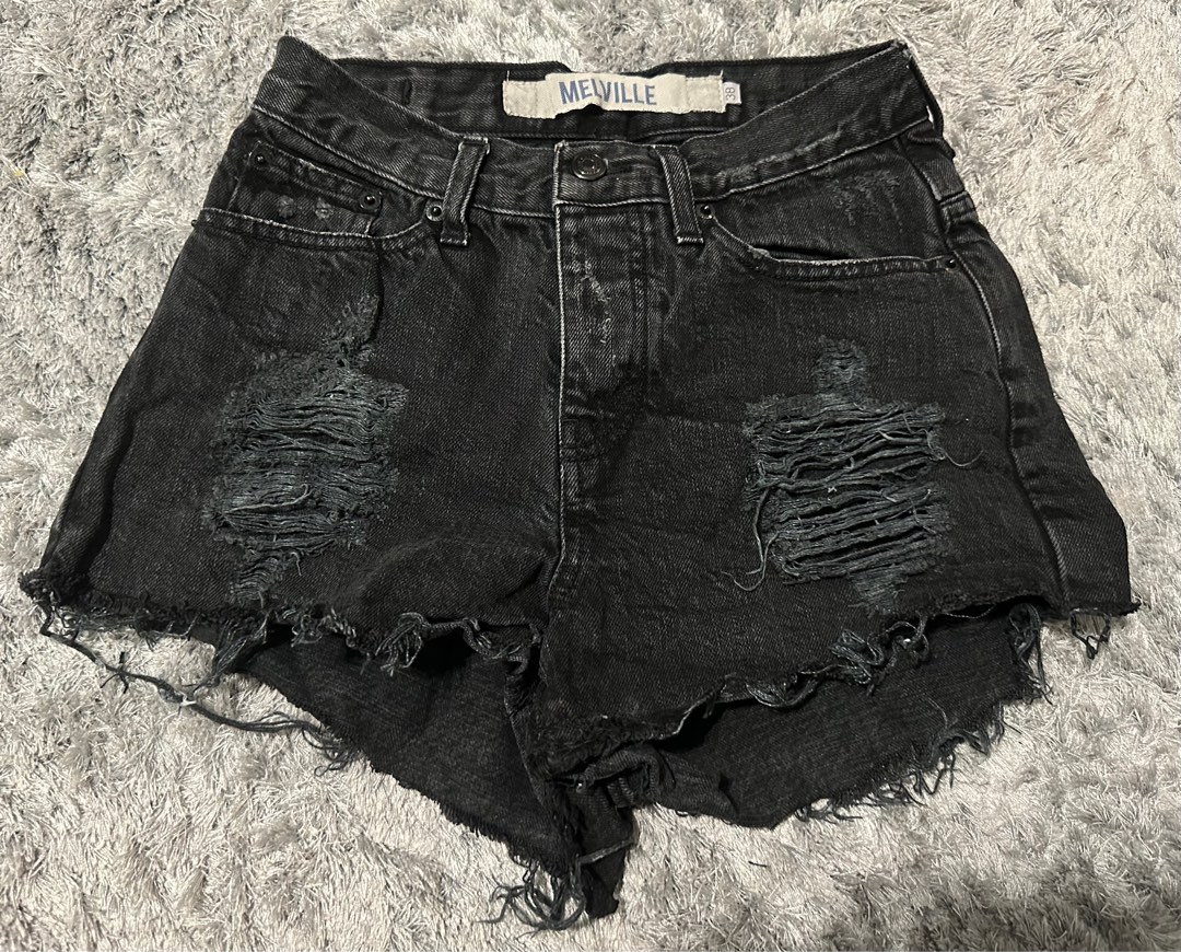 Authentic Brandy Melville Black Stone Washed Acid Washed High Waist Highwaist Ripped Destroyed Denim Shorts Women s Fashion Bottoms Shorts on Carousell
