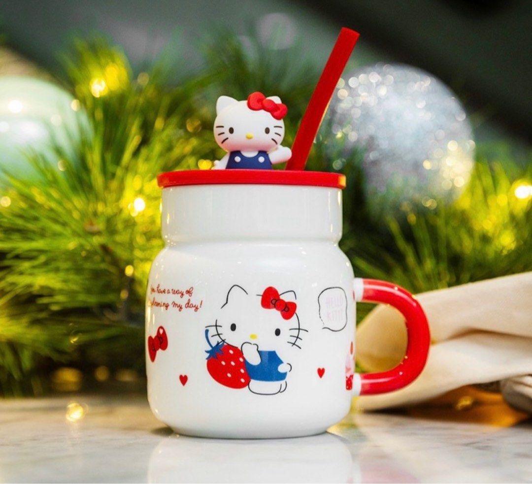 Hello Kitty Christmas Glass Jar with Lid & Straw And Glass Mug With Lid &  Spoon