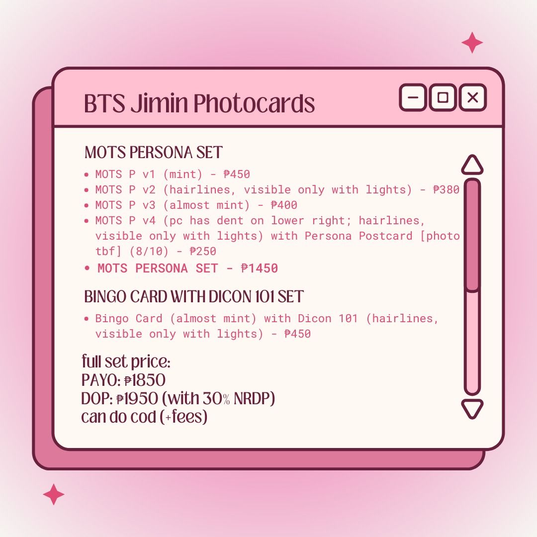 BTS Jimin Photocard Set (PC) (Maps of the Soul (MOTS): Persona Bingo