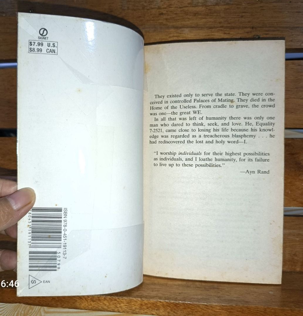 Classics: Anthem by Ayn Rand (MMPB) (Category: Storybooks) located in Pasig City. Submitted by len_a (Listing ID 1272255496, Image 3). Description: Preloved book Good condition With plastic cover MMPB format Goodreads rating: 3.83 Genre: Classics.