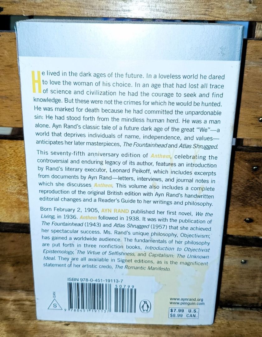 Classics: Anthem by Ayn Rand (MMPB) (Category: Storybooks) located in Pasig City. Submitted by len_a (Listing ID 1272255496, Image 2). Description: Preloved book Good condition With plastic cover MMPB format Goodreads rating: 3.83 Genre: Classics.
