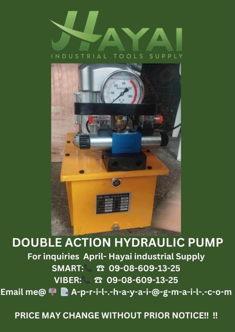 Double action hydraulic pump (Category: Construction Tools & Equipment) located in Caloocan City. Submitted by aprilv96843328 (Listing ID 1272319062, Image 1). Description: Double action hydraulic pump Specs: 8 liters PRICE: 48,000 For inquiries April- Hayai industrial Supply 📞 ☎ 0-9-0-8-6-0-9-1-3-2-5 Email me@ 📫 📑 A-p-r-i-l-.-h-a-y-a-i-@-g-m-a-i-l-.-c-o-m PRICE MAY CHANGE WITHOUT PRIOR NOTICE‼️ ‼️ .