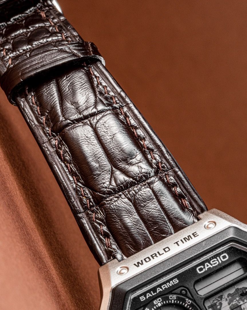 Handmade Hand stitched Watch Strap in Chocolate Brown Crocodile