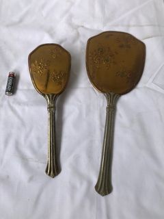 Lot of 2 Vintage Victorian Metal Hand Mirror and  Hair Brush as-is  B2