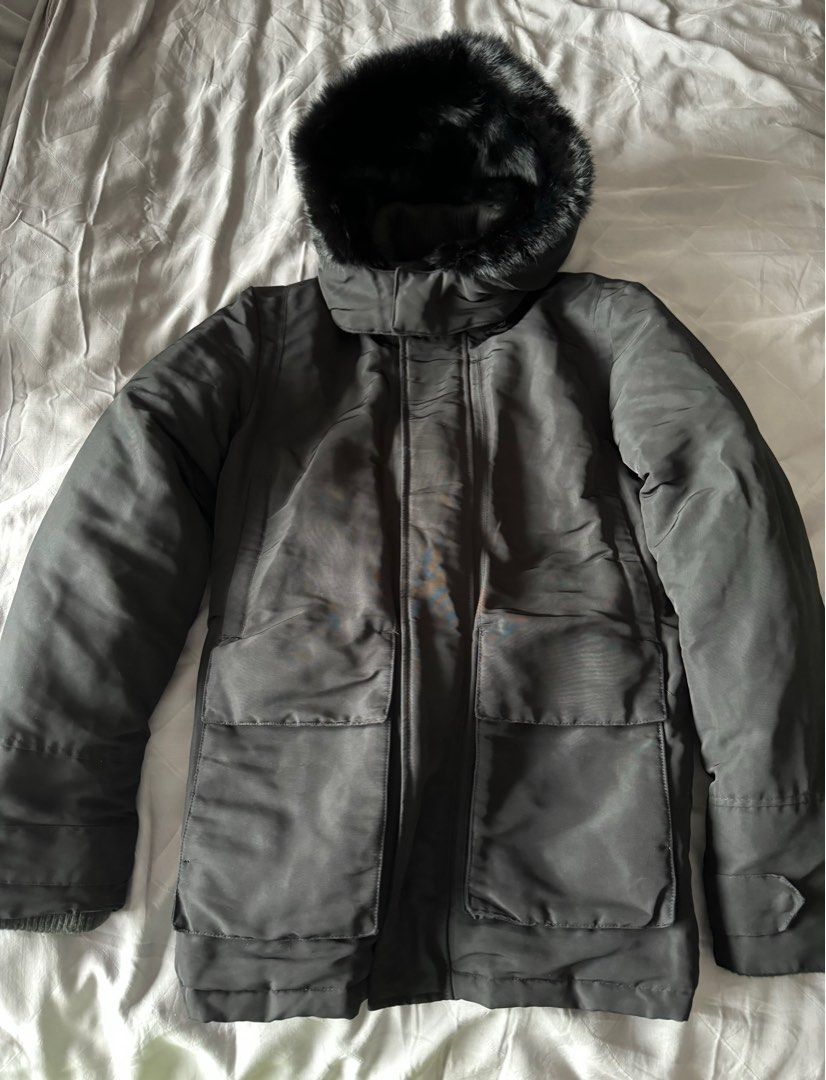 White puffer jacket cheap with black fur hood