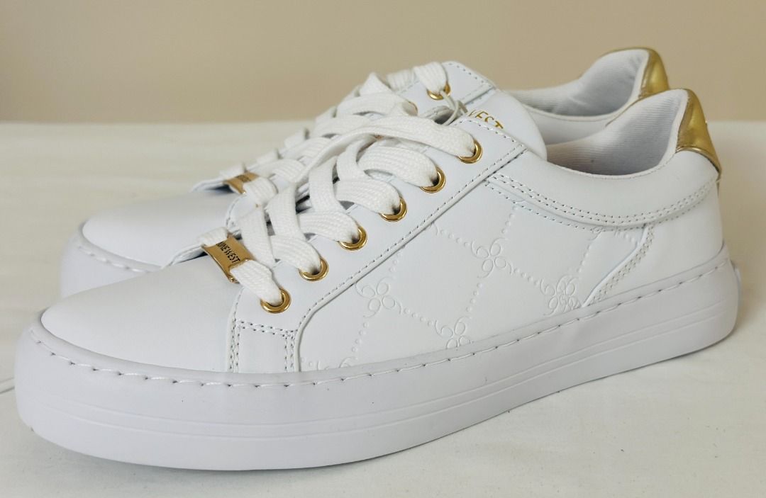 NEW NINE WEST GIVENS WHITE GOLD LEATHER LACE UP SNEAKERS SHOES