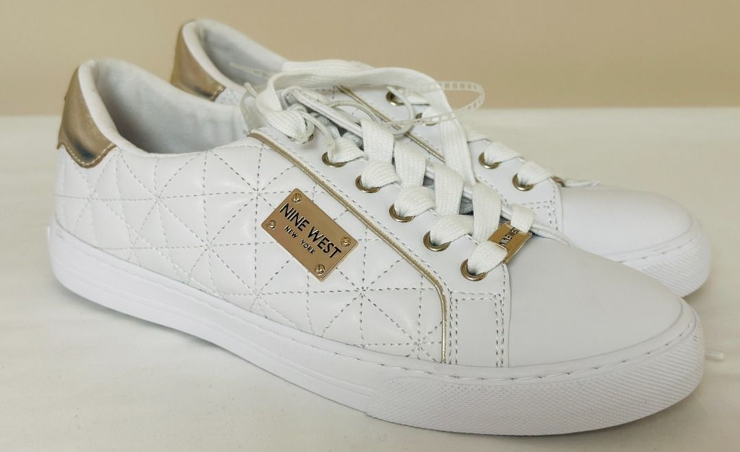 NINE WEST LERISA WHITE GOLD LEATHER LACE UP SNEAKERS SHOES US 7 EU 37 38 SALE Women s Fashion Footwear Sneakers on Carousell