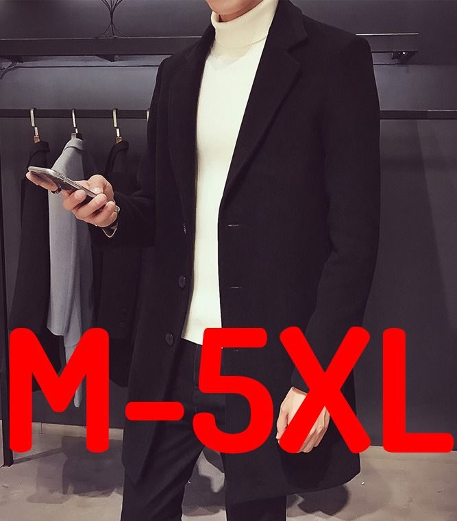 READY STOCK Men Plus Size Winter Woolen Long Button Coat Jacket Outerwear Basic Solid Plain Color