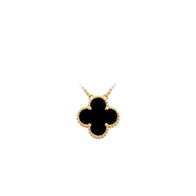 VAN Four leaf Clover Lucky Yellow K Gold Onyx Necklace Women s
