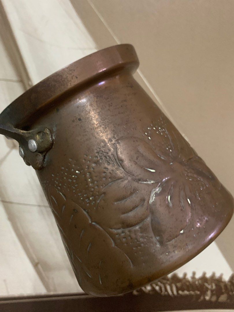 Antique Melting Pot, Copper Milk Pot Warmer Wood Handle, Pour